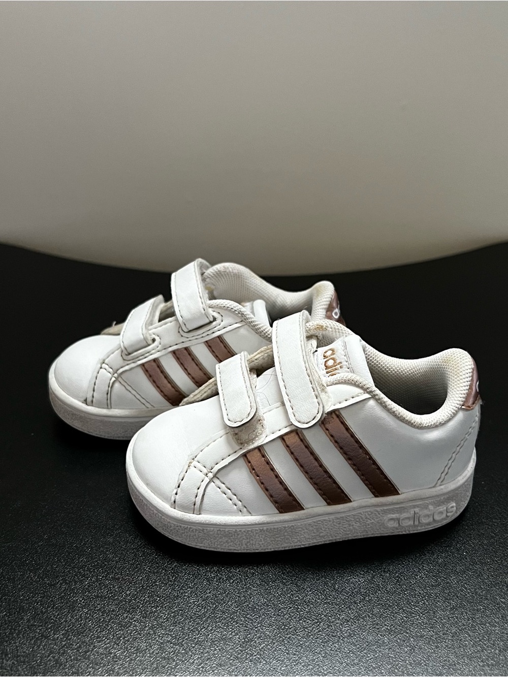 adidas Kids White Sneakers with Rose Gold Stripes - Velcro Closure